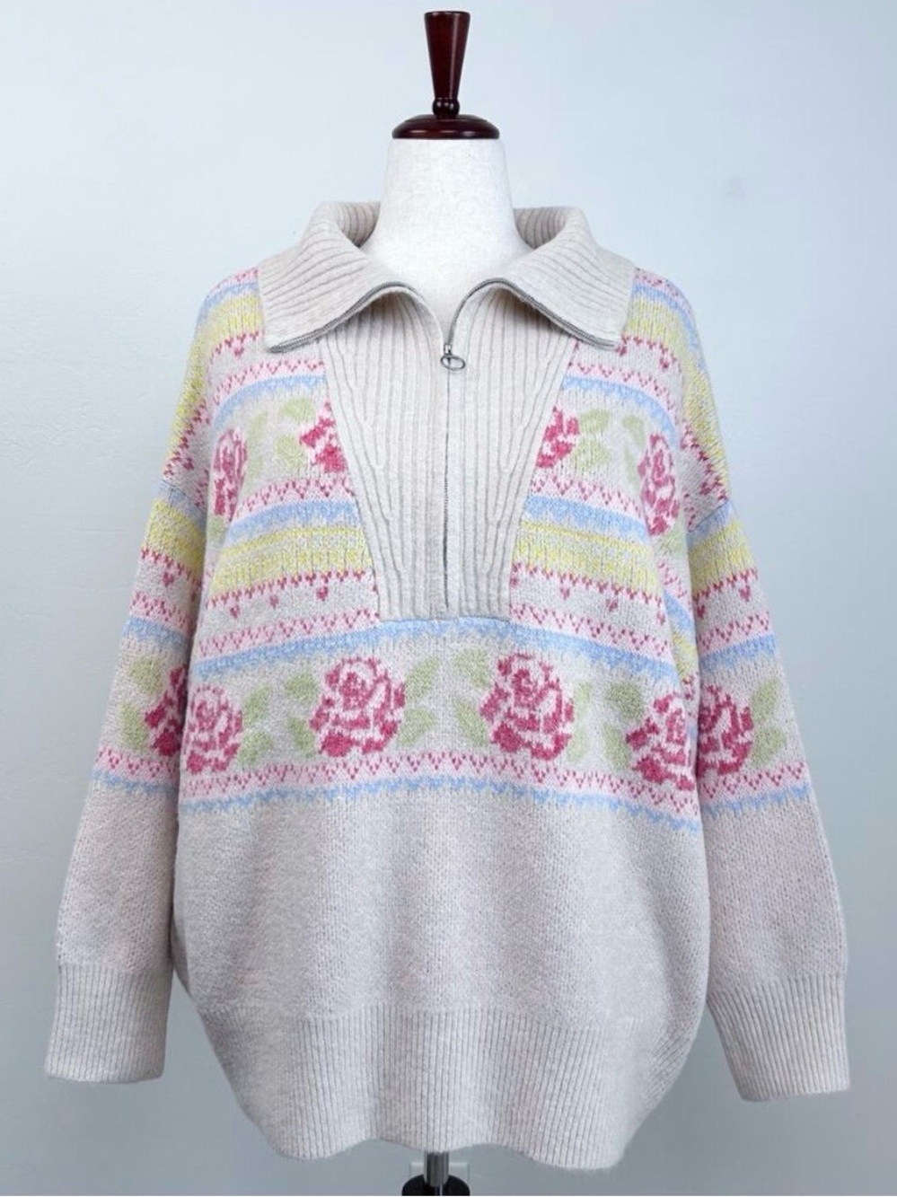 Torrid 2X Fair Isle Nordic Pink Cream Quarter-Zip Collar Long Sleeve Sweater NWT